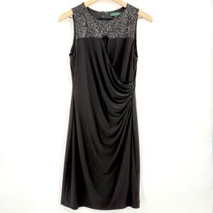 Lauren Ralph Lauren Dress Womens 10 Black Excellent Sequin Ruched Cocktail LBD
